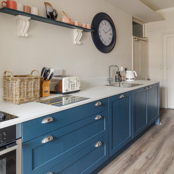 The maisonette's blue kitchen